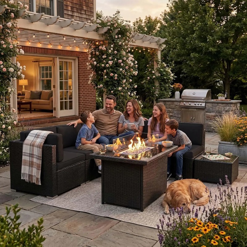 Outdoor Furniture With Fire Pit - Conjunto de Sofá Seccional de Vime